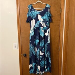 Navy and Teal Leaf Maxi Dress